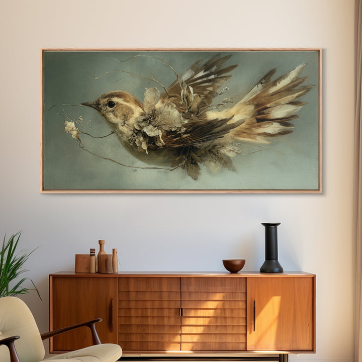 Bird Delivering a Tiny Love Letter Framed Canvas Print, Whimsical Art, Oil Painting, Living Room Decor, Fine Art, Wonder, WHI-2x1-43