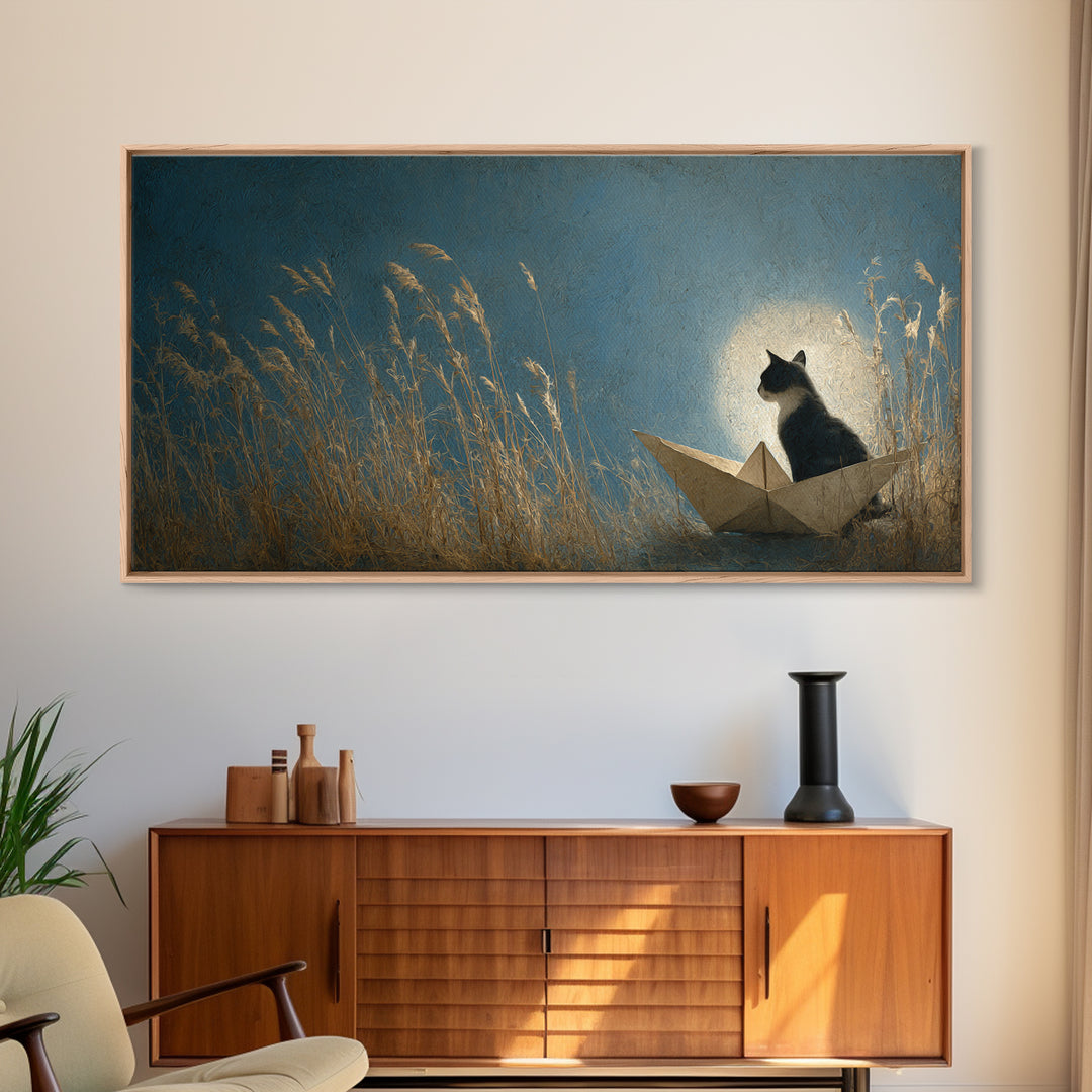 Cat Sailing a Paper Boat Framed Canvas Print, Whimsical Art, Wall Decor, Living Room Decor, Fine Art, Wonder, Printable Art, WHI-2x1-46