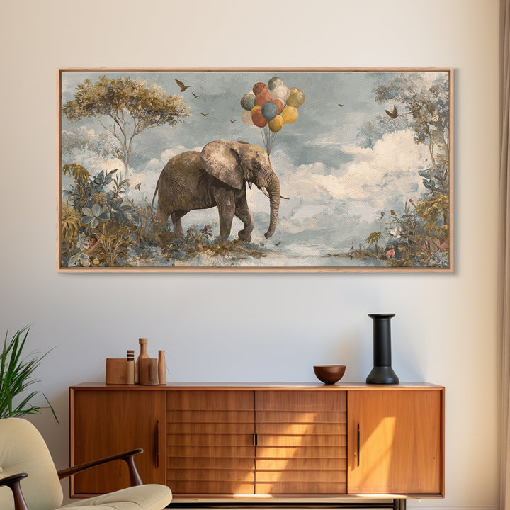 Elephant Holding Balloons Canvas Print, Whimsical Art, Whimsical, Living Room Decor, Oil Painting, Wonder, Nursery Art, WHI-2x1-47