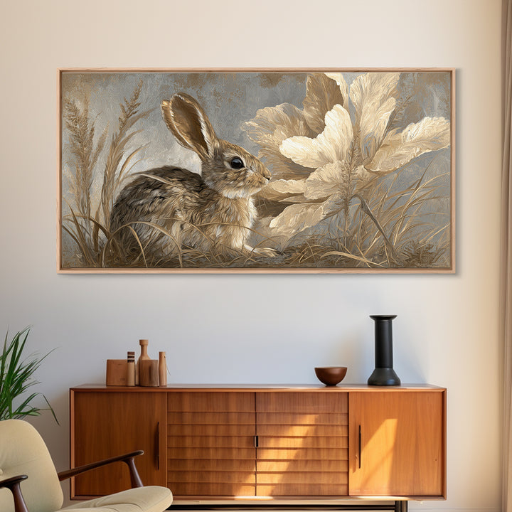 Rabbit Reading Beneath a Giant Flower Canvas Print, Whimsical Art, Digital Print, Living Room Decor, Watercolor Art, Wonder, WHI-2x1-49