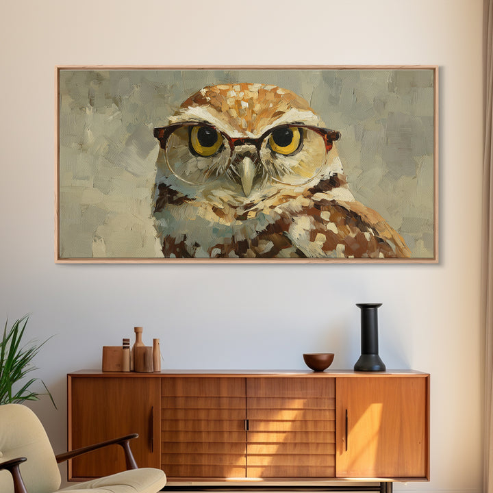 Owl Wearing Spectacles Among Stars Framed Canvas Print, Whimsical Art, Prints, Living Room Decor, Wonder, Printable Art, WHI-2x1-50