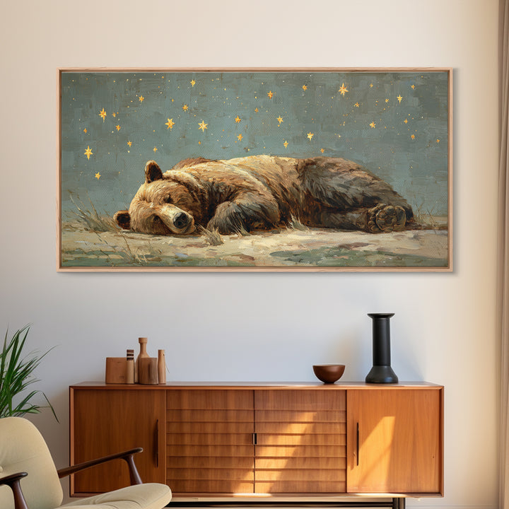 Bear Painting Stars Onto the Night Sky Canvas Print, Whimsical Art, Whimsical, Living Room Decor, Oil Painting, Wonder, WHI-2x1-53