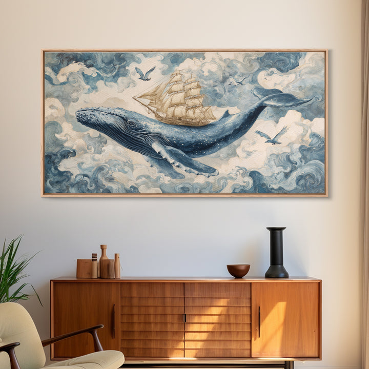 Whale Flying Through Clouds Like Ocean Canvas Print, Whimsical Art, Original Art, Living Room Decor, Fine Art, Wonder, WHI-2x1-57