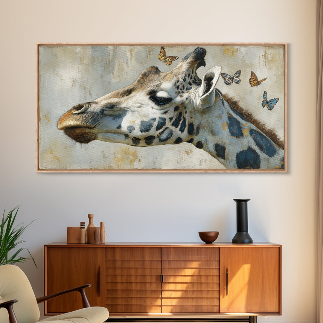 Giraffe with Scarf and Butterflies Framed Canvas Print, Whimsical Art, Minimalist Decor, Living Room Decor, Fine Art, Wonder, WHI-2x1-6