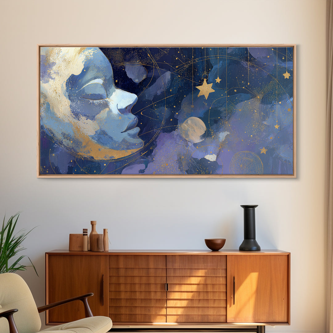 Moon with Sleeping Face and Dangling Stars Framed Canvas Print, Whimsical Art, Printable Wall Art, Living Room Decor, Wonder, WHI-2x1-60