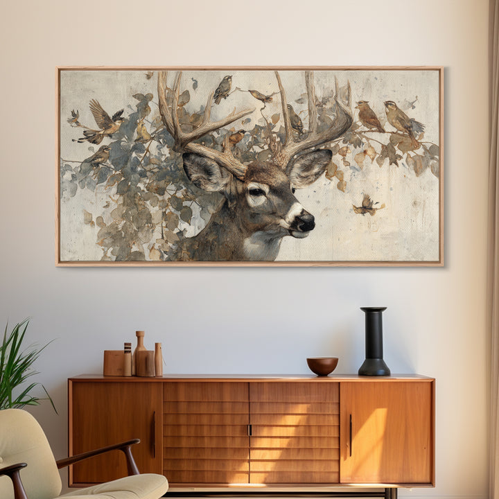Deer with Antlers Full of Birds Canvas Print, Whimsical Art, Living Room Decor, Fine Art, Wonder, Gallery Decor, Neutral Decor, WHI-2x1-63