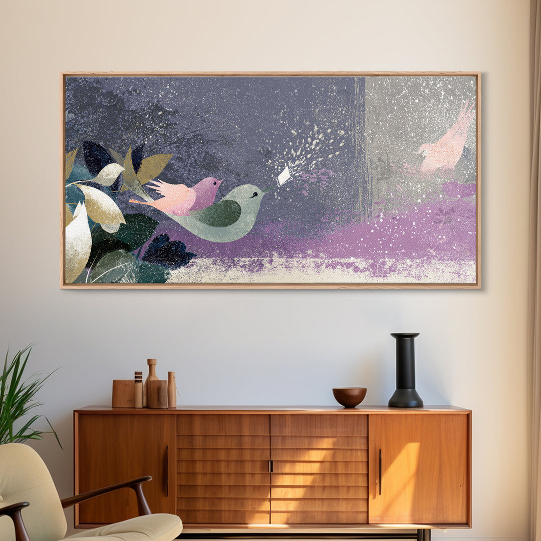 Bird Delivering a Tiny Love Letter Framed Canvas Print, Whimsical Art, Gallery Decor, Living Room Decor, Fine Art, Wonder, WHI-2x1-67