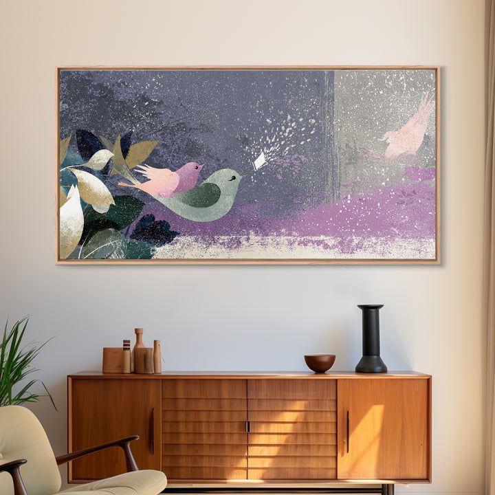 Bird Delivering a Tiny Love Letter Framed Canvas Print, Whimsical Art, Gallery Decor, Living Room Decor, Fine Art, Wonder, WHI-2x1-67