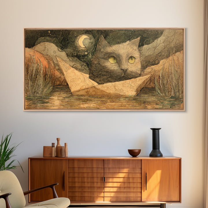 Cat Sailing a Paper Boat Canvas Print, Whimsical Art, Oil Painting, Living Room Decor, Fine Art, Wonder, Dark Academia Decor, WHI-2x1-70