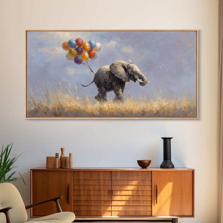 Elephant Holding Balloons Canvas Print, Whimsical Art, Bird Art, Living Room Decor, Abstract Art, Wonder, Textured Painting, WHI-2x1-71