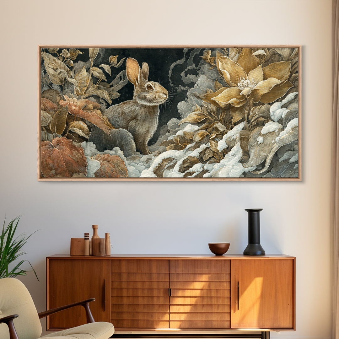 Rabbit Reading Beneath a Giant Flower Canvas Print, Whimsical Art, Digital Print, Living Room Decor, Watercolor Art, Wonder, WHI-2x1-73