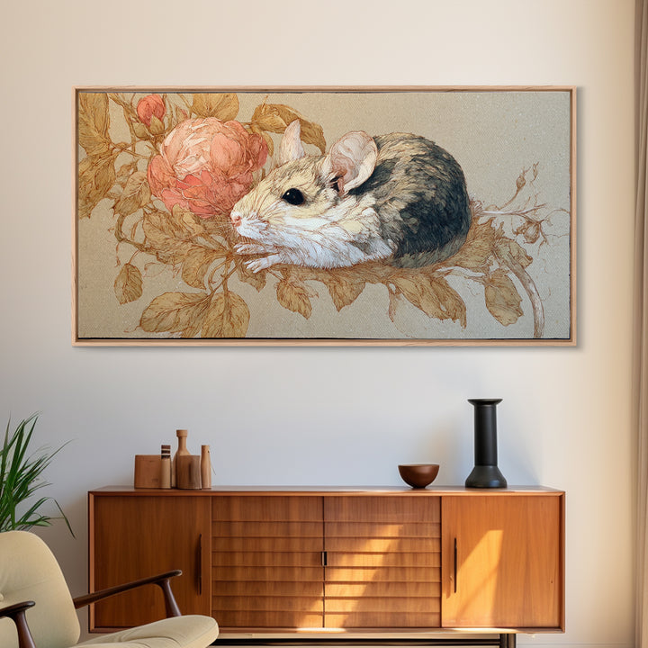 Mouse Ballerina in a Rose Garden Framed Canvas Print, Whimsical Art, Cat Art, Living Room Decor, Watercolor Art, Wonder, WHI-2x1-79