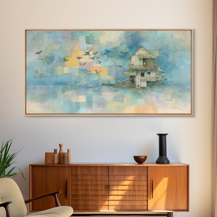 Whale Flying Through Clouds Like Ocean Framed Canvas Print, Whimsical Art, Printable Art, Living Room Decor, Watercolor Art, WHI-2x1-81