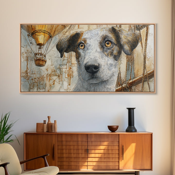 Dog in a Hot Air Balloon Canvas Print, Whimsical Art, Digital Art, Living Room Decor, Wonder, Nursery, Abstract Wall Art, WHI-2x1-82