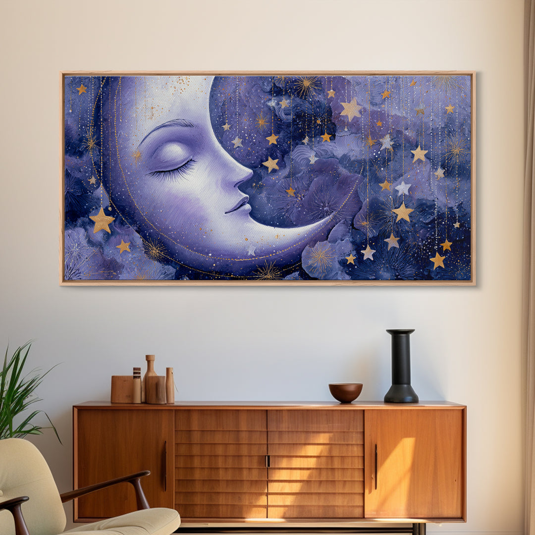 Moon with Sleeping Face and Dangling Stars Framed Canvas Print, Whimsical Art, Living Room Decor, Wonder, Gallery Decor, WHI-2x1-84
