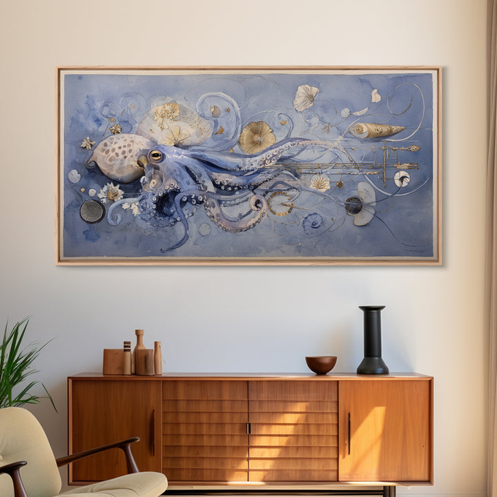 Octopus Conductor with Tiny Instruments Framed Canvas Print, Whimsical Art, Pet Portrait, Living Room Decor, Fine Art, Wonder, WHI-2x1-86