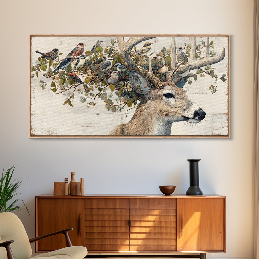 Deer with Antlers Full of Birds Framed Canvas Print, Whimsical Art, Nursery Wall Decor, Living Room Decor, Fine Art, Wonder, WHI-2x1-87