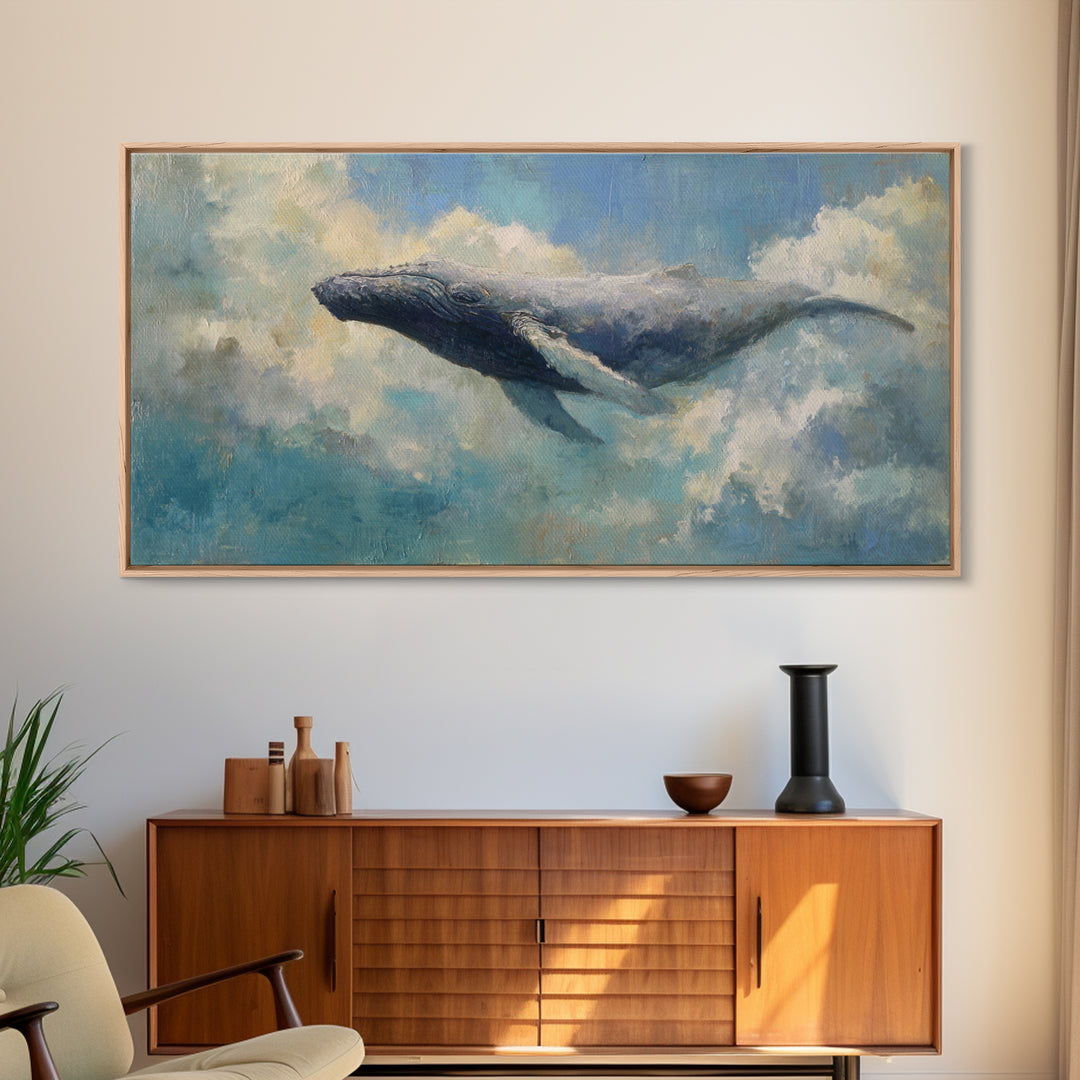 Whale Flying Through Clouds Like Ocean Framed Canvas Print, Whimsical Art, Art Print, Living Room Decor, Fine Art, Wonder, WHI-2x1-9