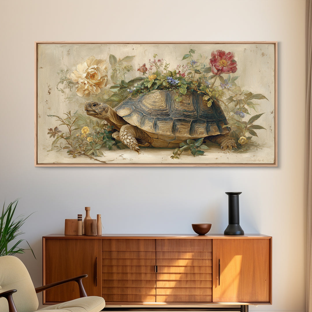 Turtle with Garden Growing on Shell Framed Canvas Print, Whimsical Art, Printable Wall Art, Living Room Decor, Fine Art, Wonder, WHI-2x1-90
