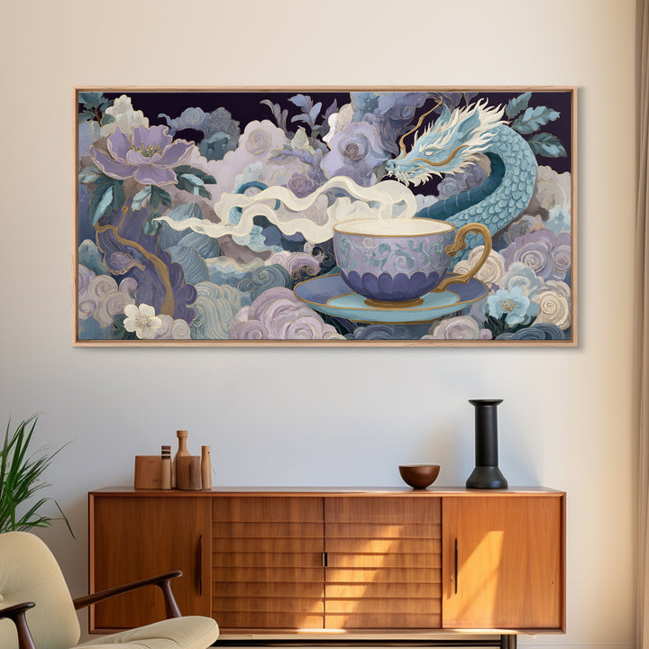 Dragon Curled Around a Teacup Framed Canvas Print, Whimsical Art, Whimsical, Living Room Decor, Oil Painting, Wonder, WHI-2x1-92
