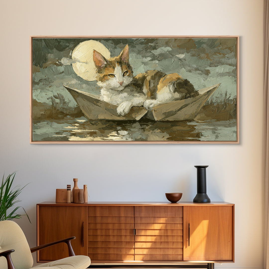 Cat Sailing a Paper Boat Canvas Print, Whimsical Art, Oil Painting, Living Room Decor, Fine Art, Wonder, Dark Academia Decor, WHI-2x1-94