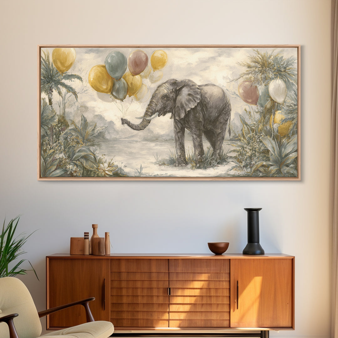 Elephant Holding Balloons Framed Canvas Print, Whimsical Art, Neutral Decor, Living Room Decor, Fine Art, Wonder, Home Decor, WHI-2x1-95