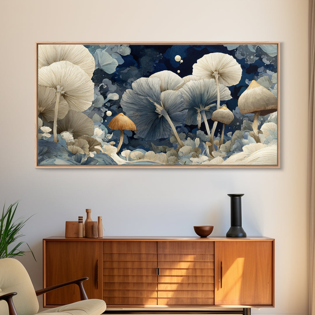 Teacup Garden with Tiny Mushrooms Framed Canvas Print, Whimsical Art, Dopamine Decor, Living Room Decor, Fine Art, Wonder, WHI-2x1-96
