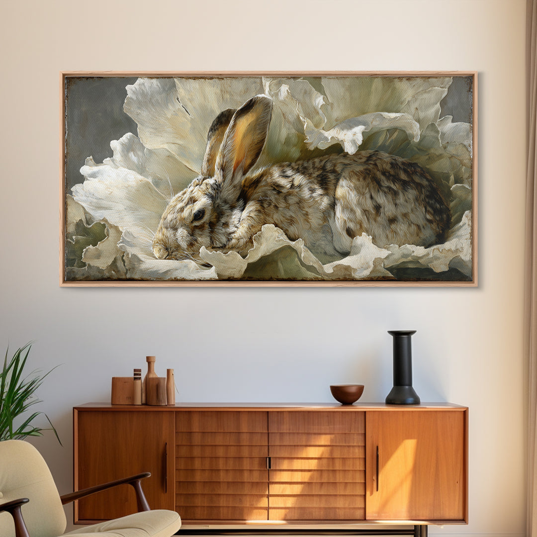 Rabbit Reading Beneath a Giant Flower Framed Canvas Print, Whimsical Art, Abstract Wall Art, Living Room Decor, Watercolor Art, WHI-2x1-97
