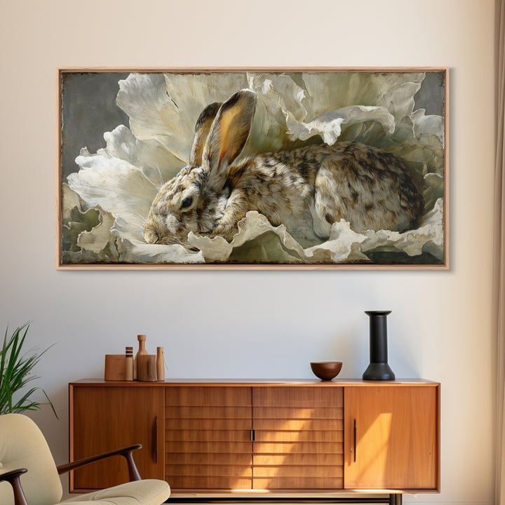 Rabbit Reading Beneath a Giant Flower Framed Canvas Print, Whimsical Art, Abstract Wall Art, Living Room Decor, Watercolor Art, WHI-2x1-97