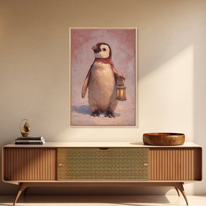 Penguin Holding a Lantern Framed Canvas Print, Whimsical Art, Oil Painting, Living Room Decor, Wonder, Dark Academia Decor, WHI-2x3-1