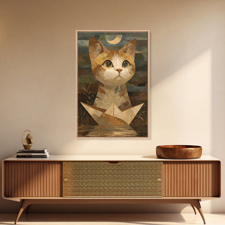 Cat Sailing a Paper Boat Canvas Print, Whimsical Art, Contemporary Art, Living Room Decor, Fine Art, Wonder, Art Nouveau, WHI-2x3-10