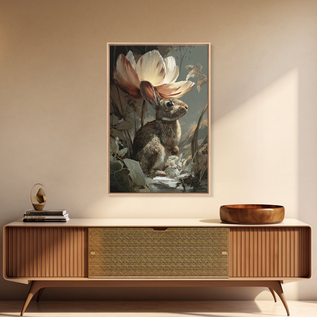 Rabbit Reading Beneath a Giant Flower Framed Canvas Print, Whimsical Art, Nursery Wall Art, Living Room Decor, Fine Art, Wonder, WHI-2x3-13