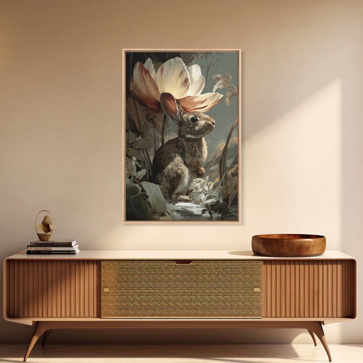 Rabbit Reading Beneath a Giant Flower Framed Canvas Print, Whimsical Art, Nursery Wall Art, Living Room Decor, Fine Art, Wonder, WHI-2x3-13