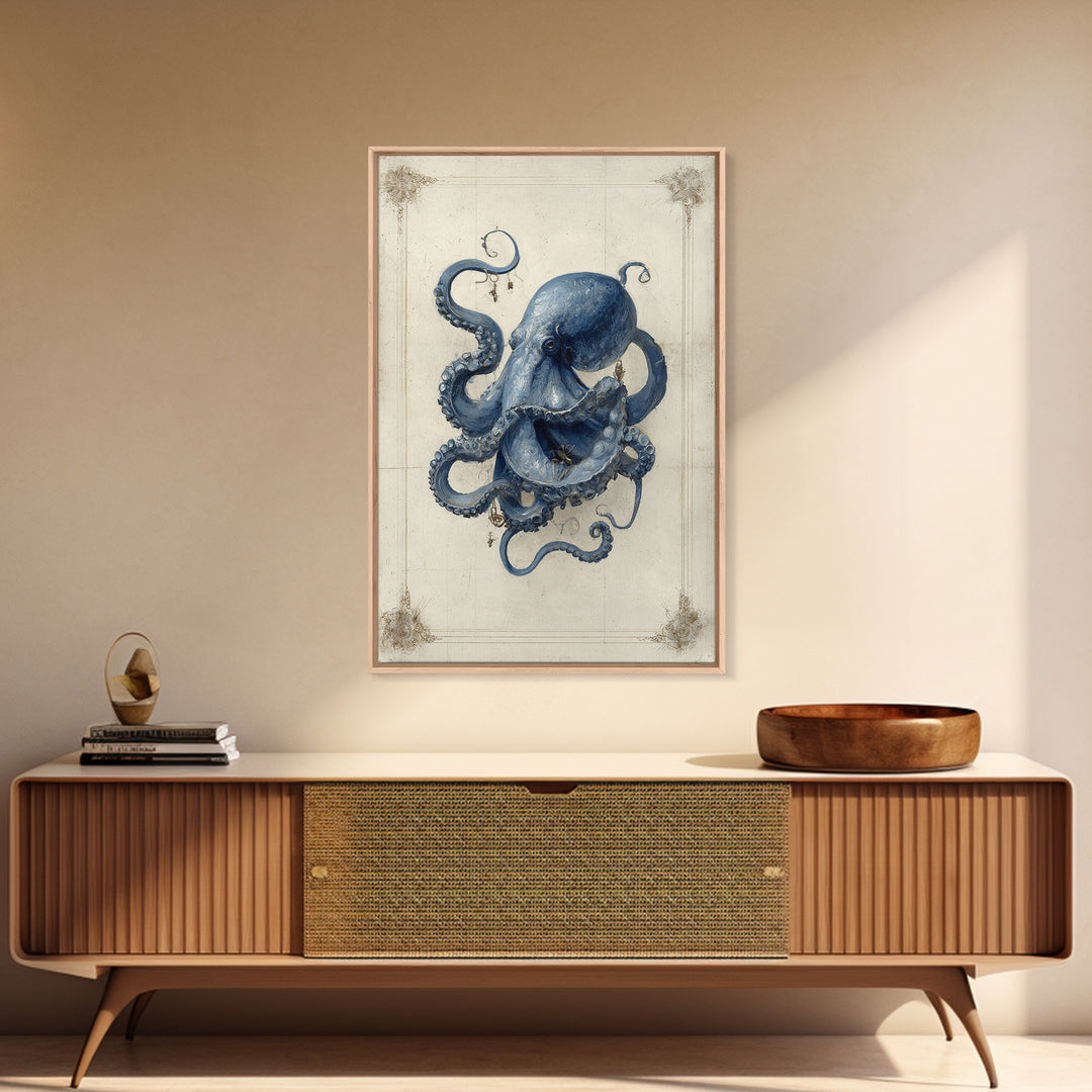 Octopus Conductor with Tiny Instruments Framed Canvas Print, Whimsical Art, Living Room Decor, Abstract Art, Wonder, WHI-2x3-2