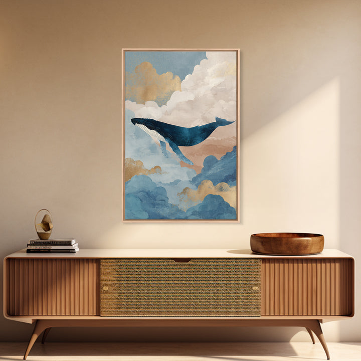 Whale Flying Through Clouds Like Ocean Framed Canvas Print, Whimsical Art, Printable Wall Art, Living Room Decor, Wonder, WHI-2x3-21