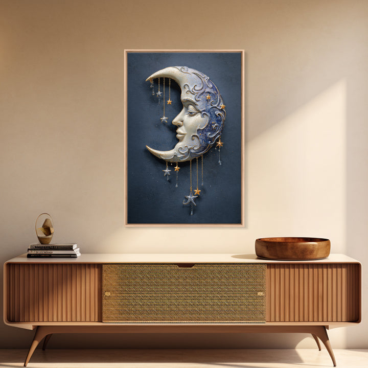Moon with Sleeping Face and Dangling Stars Framed Canvas Print, Whimsical Art, Modern Decor, Living Room Decor, Wonder, WHI-2x3-24