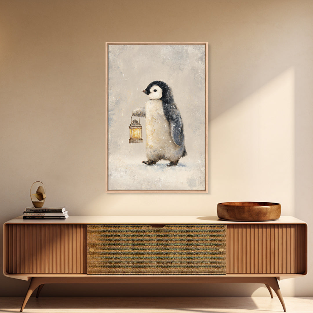 Penguin Holding a Lantern Framed Canvas Print, Whimsical Art, Oil Painting, Living Room Decor, Wonder, Dark Academia Decor, WHI-2x3-25