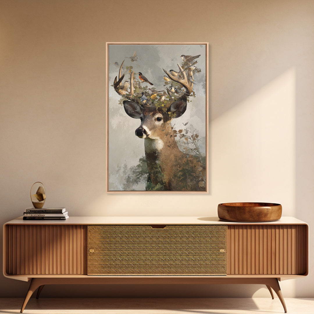 Deer with Antlers Full of Birds Framed Canvas Print, Whimsical Art, Room Decor, Living Room Decor, Wonder, Oil Painting, WHI-2x3-3