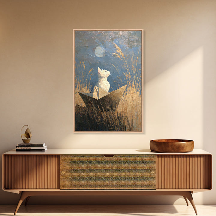 Cat Sailing a Paper Boat Framed Canvas Print, Whimsical Art, Digital Art, Living Room Decor, Fine Art, Wonder, Nursery, WHI-2x3-34