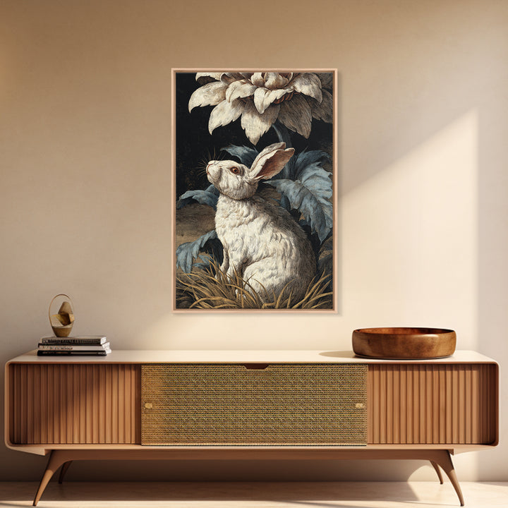 Rabbit Reading Beneath a Giant Flower Framed Canvas Print, Whimsical Art, Nursery Wall Art, Living Room Decor, Fine Art, Wonder, WHI-2x3-37