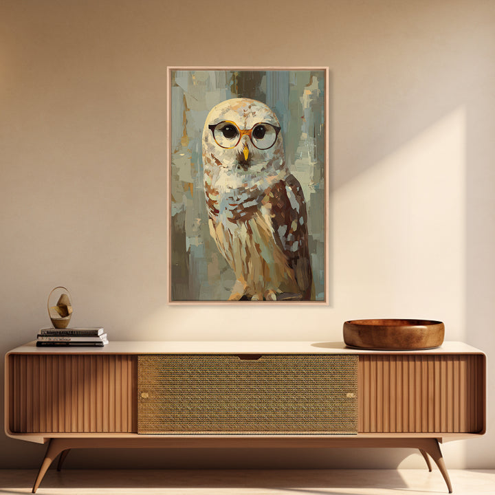 Owl Wearing Spectacles Among Stars Framed Canvas Print, Whimsical Art, Pet Portrait, Living Room Decor, Fine Art, Wonder, WHI-2x3-38