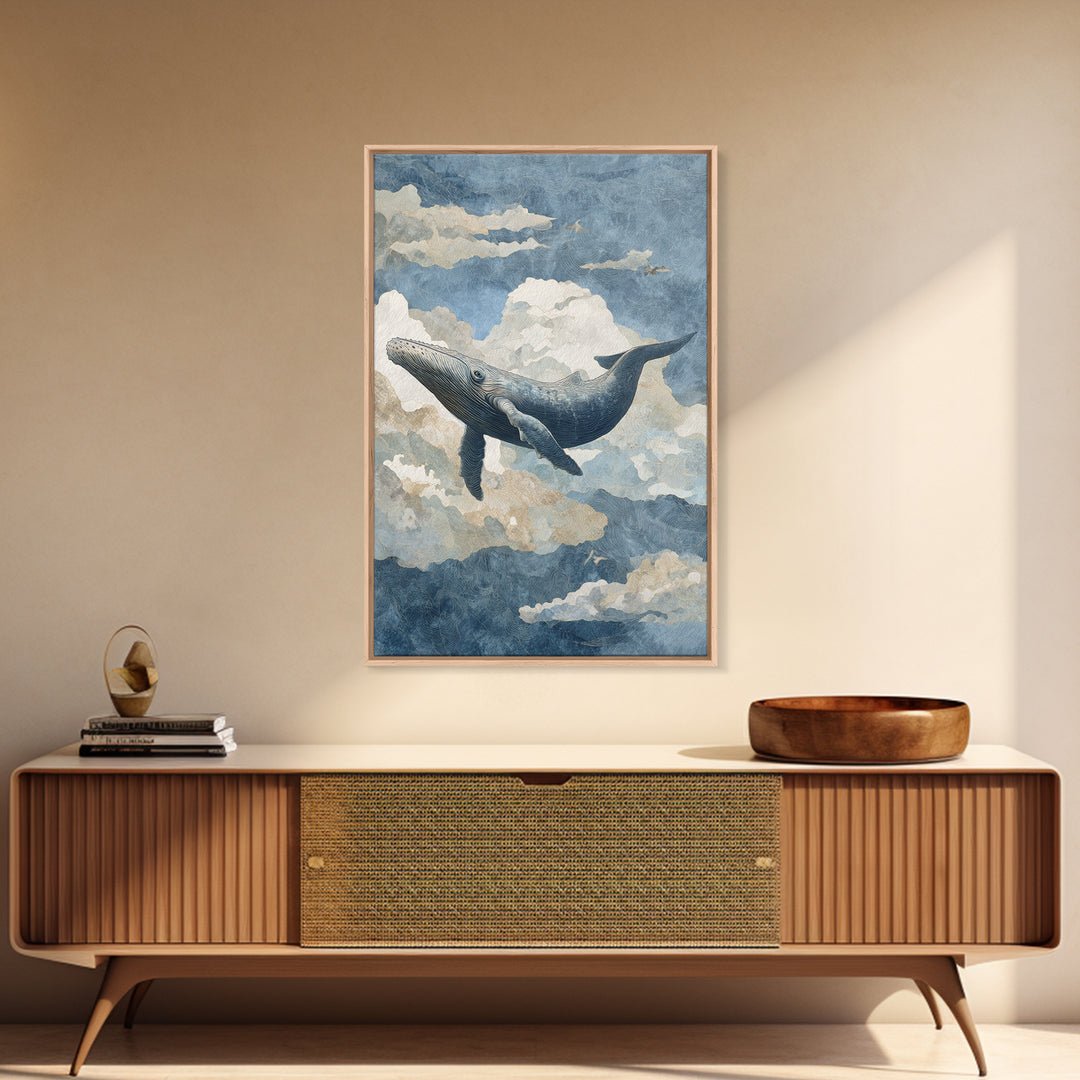 Whale Flying Through Clouds Like Ocean Canvas Print, Whimsical Art, Framed Wall Art, Living Room Decor, Oil Painting, Wonder, WHI-2x3-45