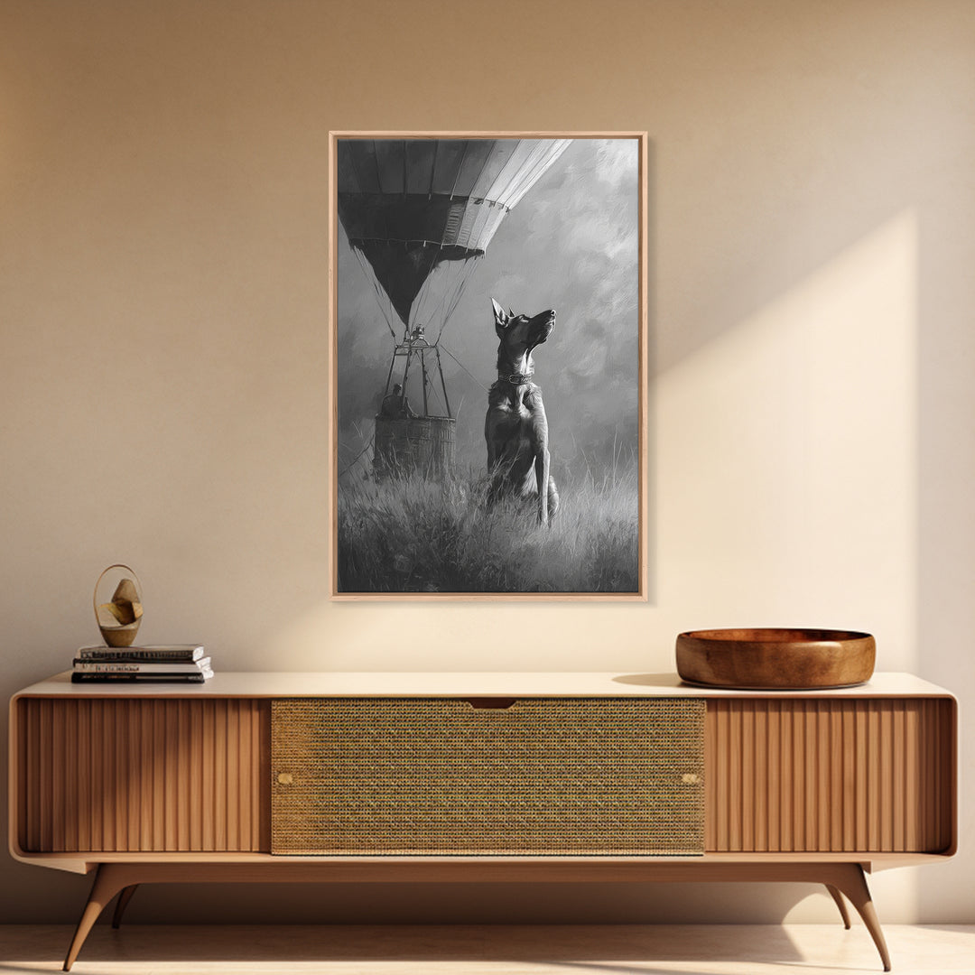 Dog in a Hot Air Balloon Framed Canvas Print, Whimsical Art, Wall Decor, Living Room Decor, Fine Art, Wonder, Printable Art, WHI-2x3-46