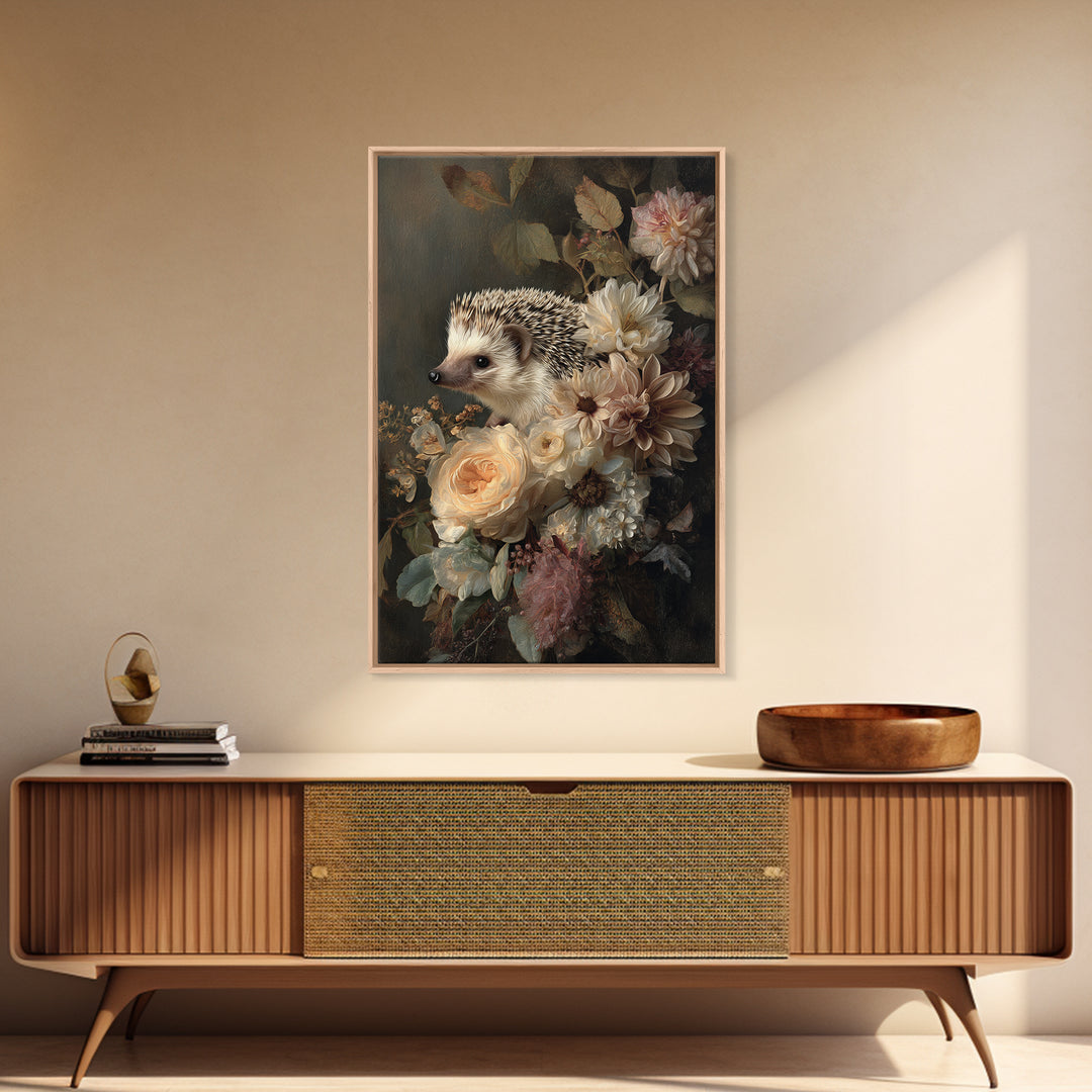 Hedgehog Carrying Wildflowers Framed Canvas Print, Whimsical Art, Art Nouveau, Living Room Decor, Wonder, Nursery Wall Decor, WHI-2x3-47