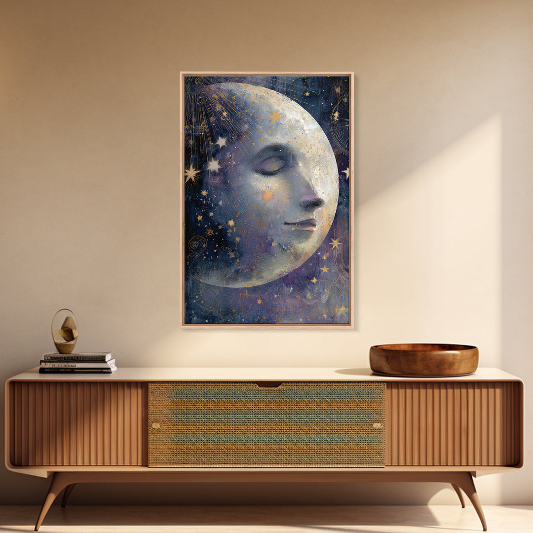 Moon with Sleeping Face and Dangling Stars Framed Canvas Print, Whimsical Art, Home Decor, Living Room Decor, Fine Art, Wonder, WHI-2x3-48