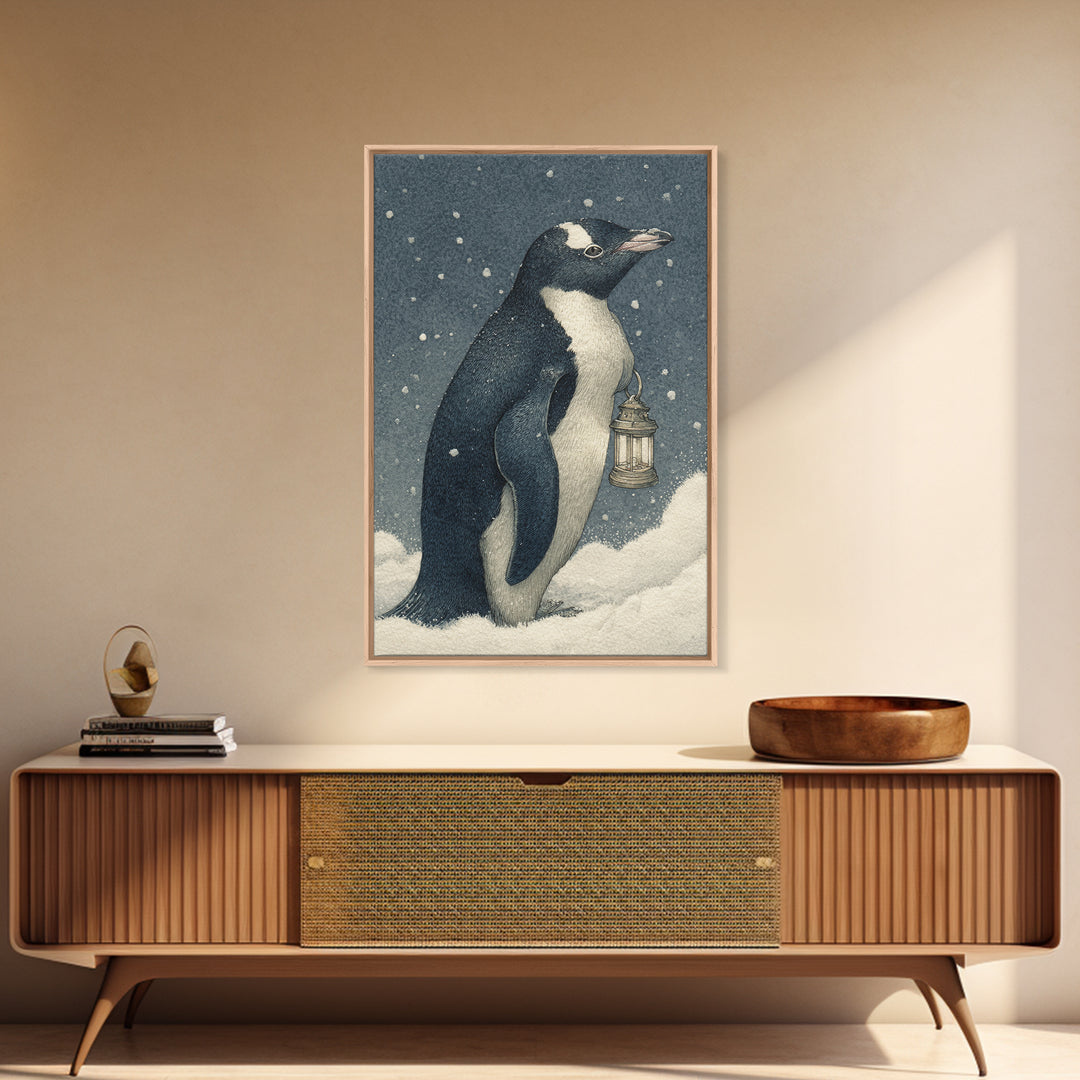 Penguin Holding a Lantern Canvas Print, Whimsical Art, Digital Print, Living Room Decor, Wonder, Bird Art, Nursery Art, WHI-2x3-49