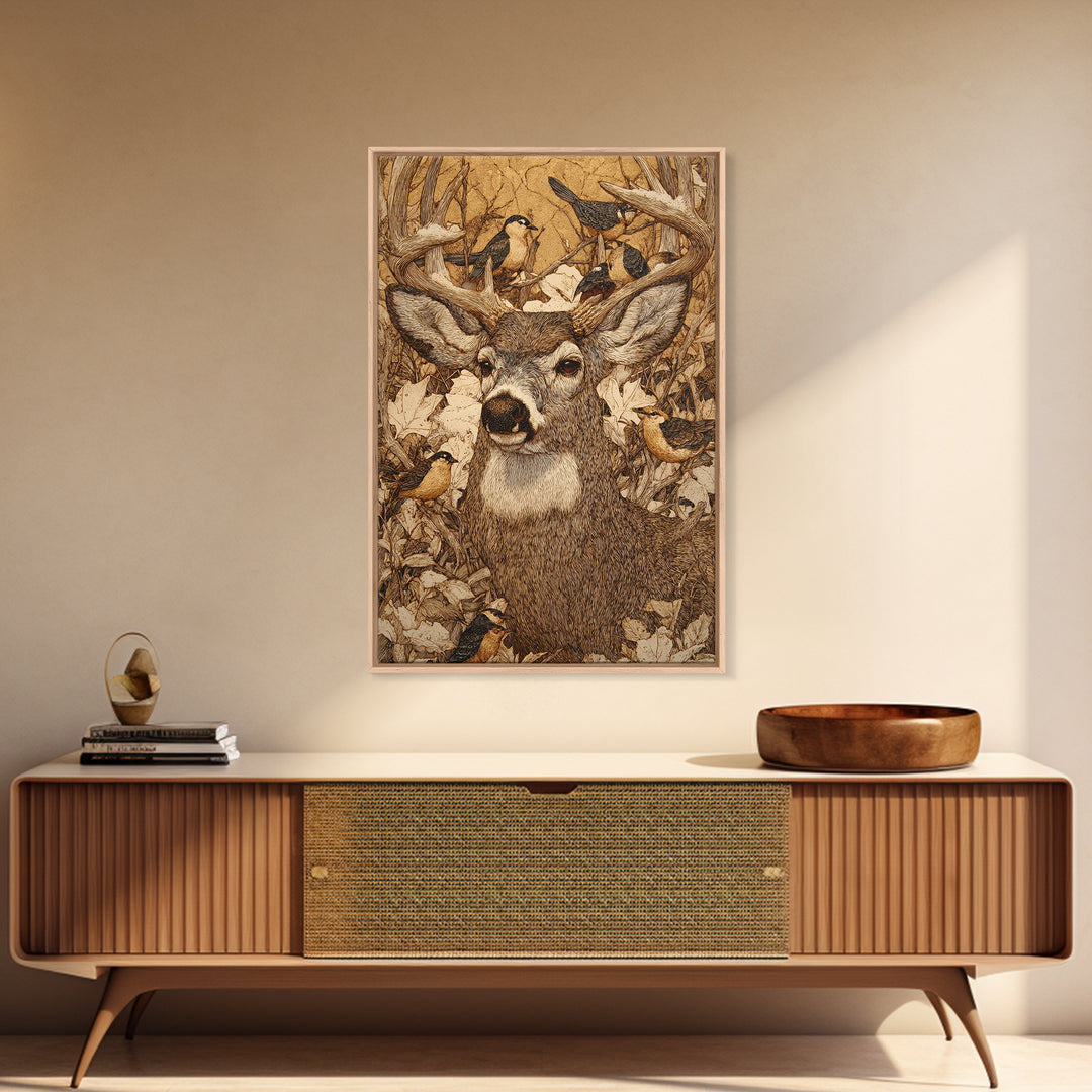 Deer with Antlers Full of Birds Framed Canvas Print, Whimsical Art, Printable Wall Art, Living Room Decor, Oil Painting, Wonder, WHI-2x3-51