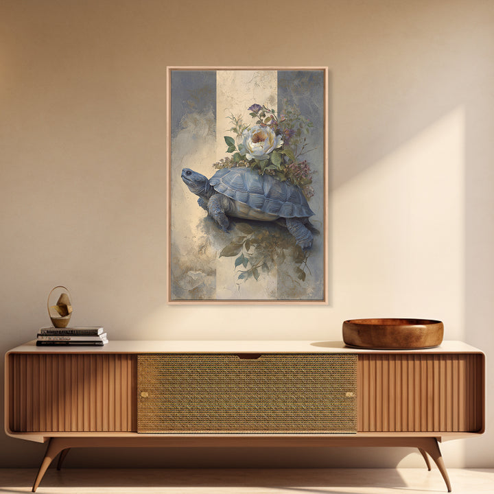Turtle with Garden Growing on Shell Framed Canvas Print, Whimsical Art, Minimalist Decor, Living Room Decor, Oil Painting, WHI-2x3-6