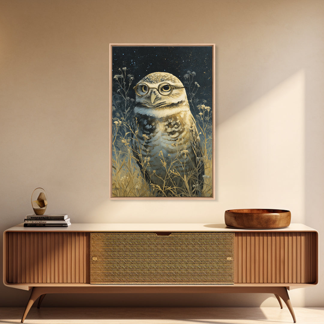 Owl Wearing Spectacles Among Stars Canvas Print, Whimsical Art, Art Nouveau, Living Room Decor, Abstract Art, Wonder, WHI-2x3-62