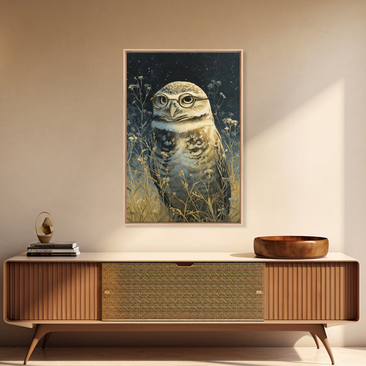 Owl Wearing Spectacles Among Stars Canvas Print, Whimsical Art, Art Nouveau, Living Room Decor, Abstract Art, Wonder, WHI-2x3-62
